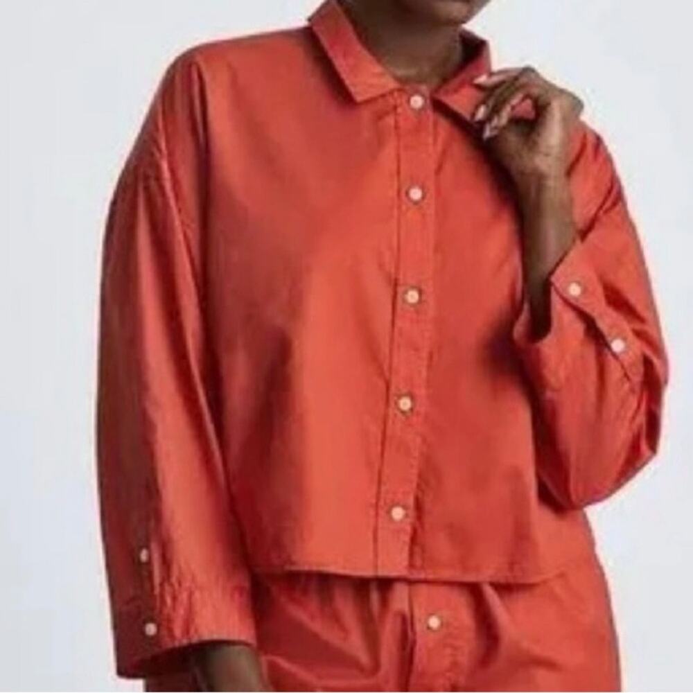 Everlane Woven PJ Top Boxy Button Down Drop Shoulder Long Sleeves Orange XS